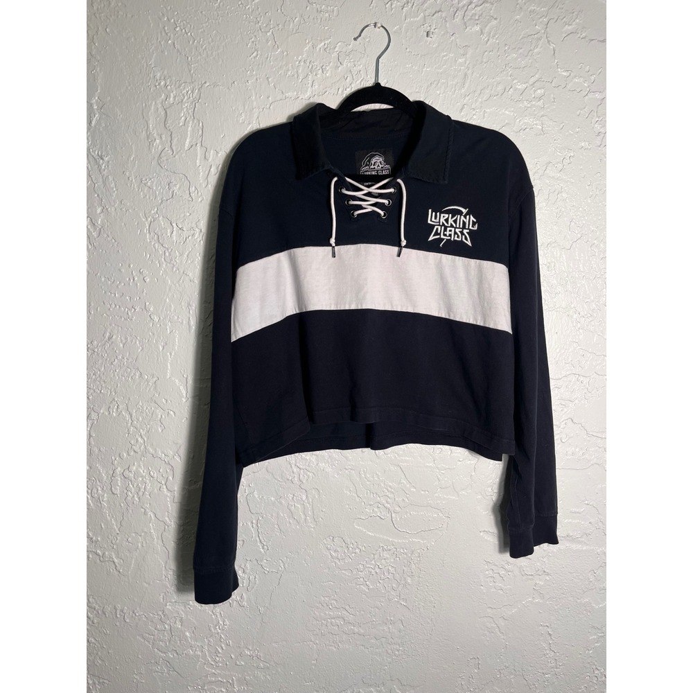 Lurking Class Cropped Lace Up Rugby Shirt Black White Long Sleeve Top L